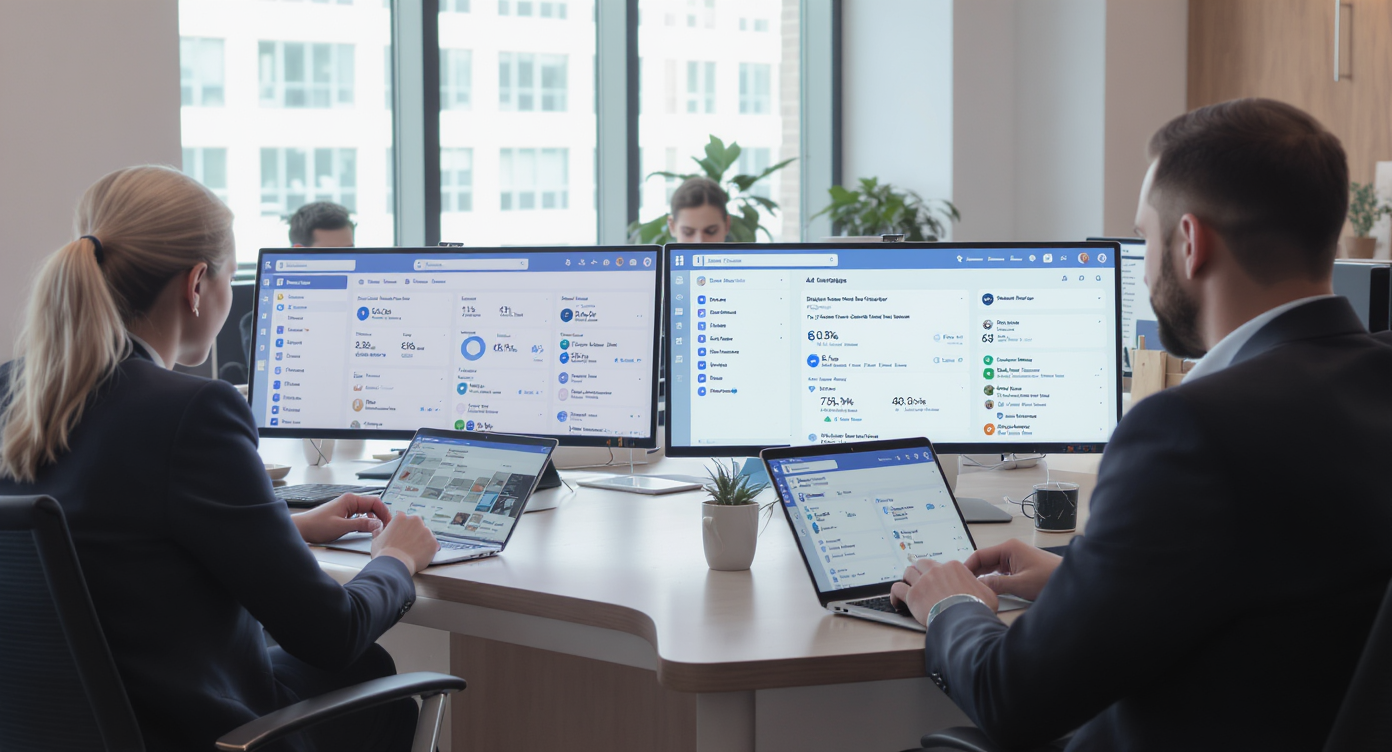 Interface de Facebook Business Manager avec graphiques et outils marketing