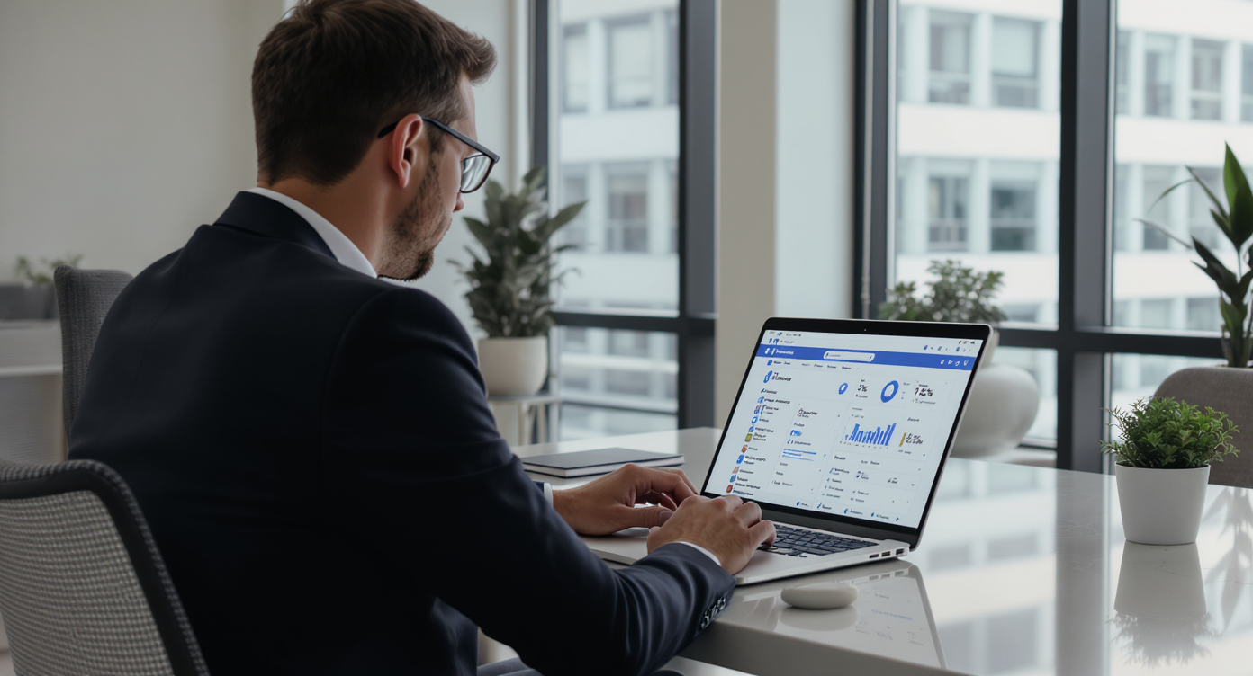 Professionnel consultant analysant l'achat d'un compte Business Manager Facebook